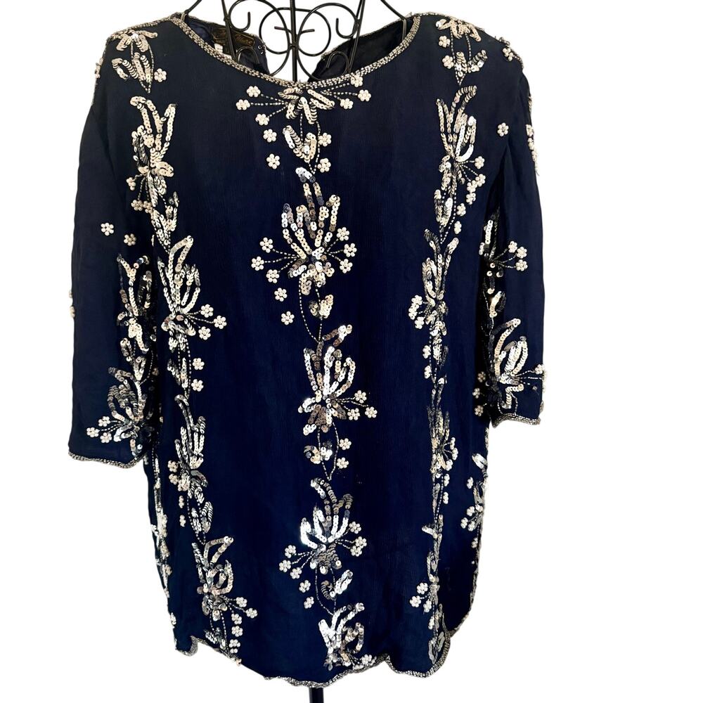 Vintage 80's Eve's Allure 100% Silk Sequined Beaded Faux Pearl Top Blouse Navy